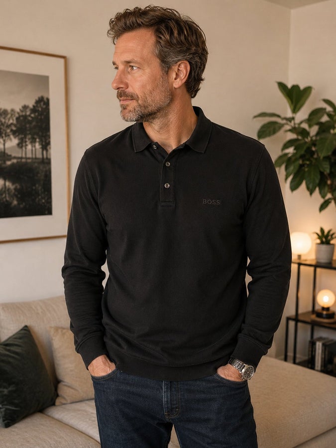 BOSS Svart långärmad pikétröja